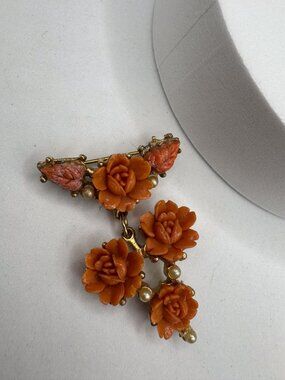 Vintage Faux Coral Rose Dangle Brooch Gold Tone Faux Pearl Floral Pin